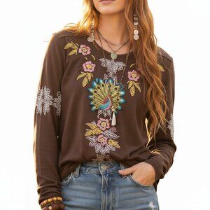 OJWLA Embroidered Peacock Top Medium Brown Boho Top